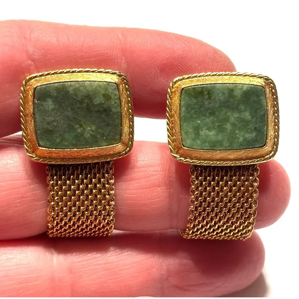 Vintage Mid Century Wrap Cufflinks goldtone mesh & green faux marble classics